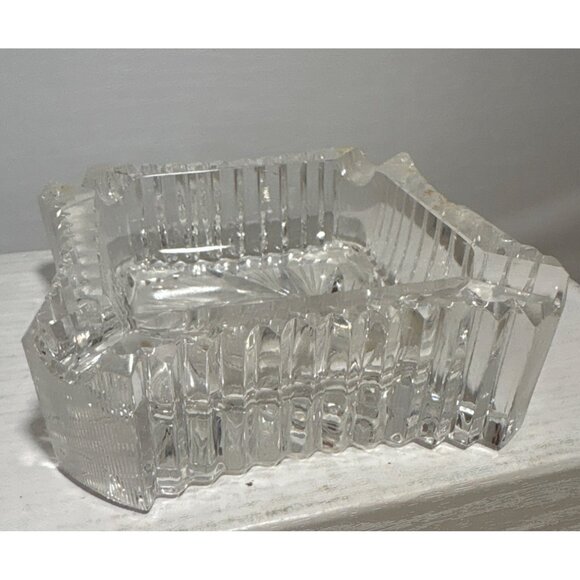 Crystal Ashtray Square Vintage Pinwheel Clear Cut Glass Ribbed & Etched Heavy - Picture 3 of 8